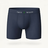 Navy blue men's boxer briefs with the words 'TRUE WOOD' in white and a green leaf icon on the waistband, styled in a clean serif font, displayed against a light background.